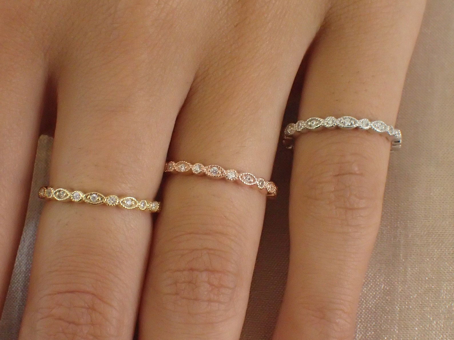 Marquise Shape Moissanite Wedding Band / Art Deco Moissanite Band / Stackable Band Gift for Her / Thin Dainty Band